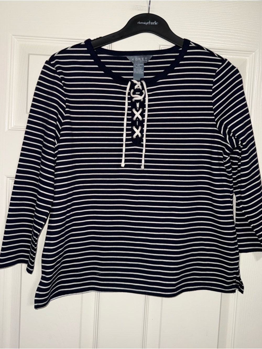 Koret Navy & White Striped Lace-Up 3/4 Sleeves Top